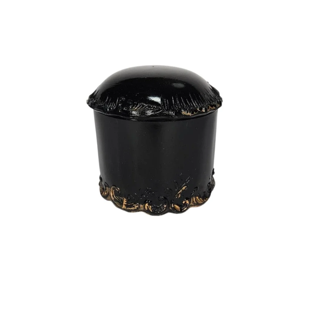 Antique Victorian Black Glass Vanity Powder Lidded Jar With Gold Trim Cottage